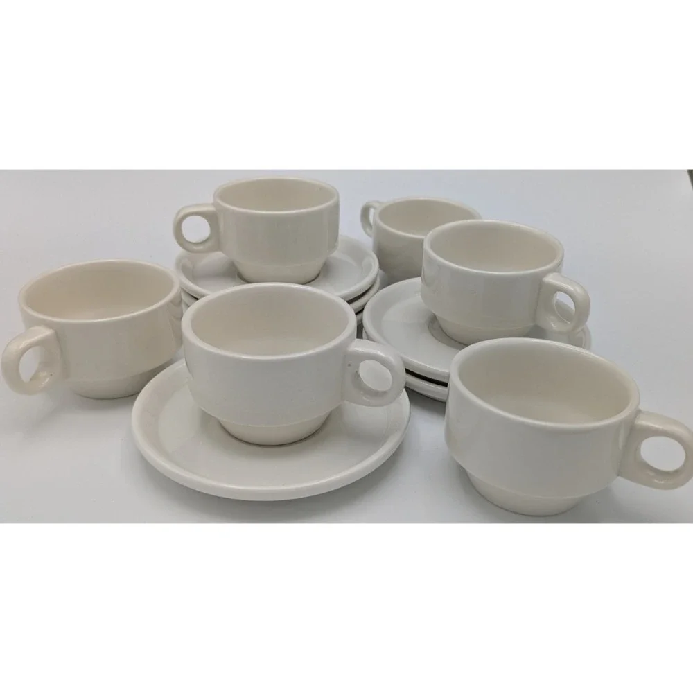 Set 6 European Espresso Demitasse 80ml 2.5 oz Cup & Saucer Modern White Stacking